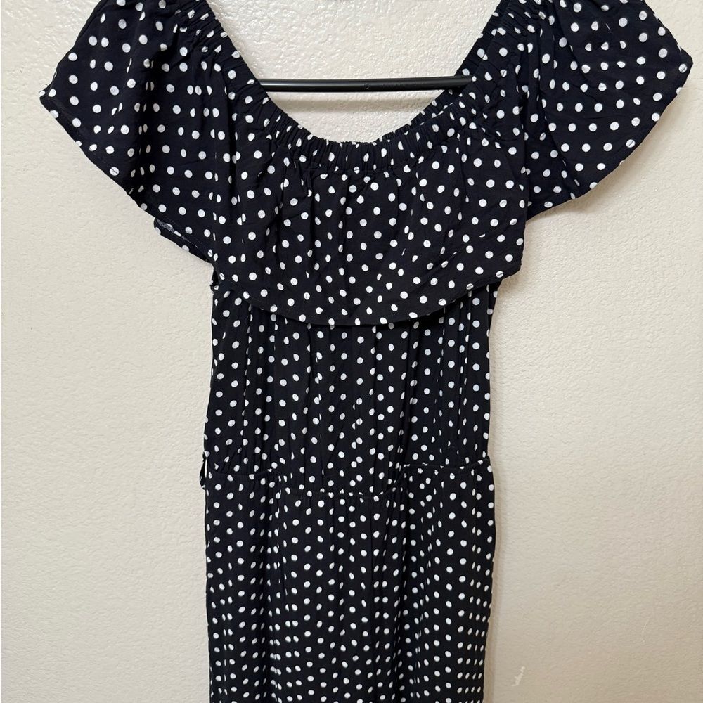 Polka Dot Off-Shoulder wide leg romper. Brunch, beach day, vacation, margaritas